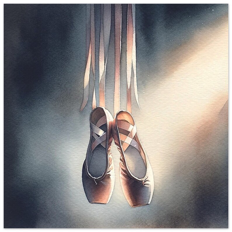 A premium watercolor print showcasing Ballet Pointe Shoes. The artwork is an artistic piece with nuanced shadows and highlights, and is an ideal accent for home or office decor.