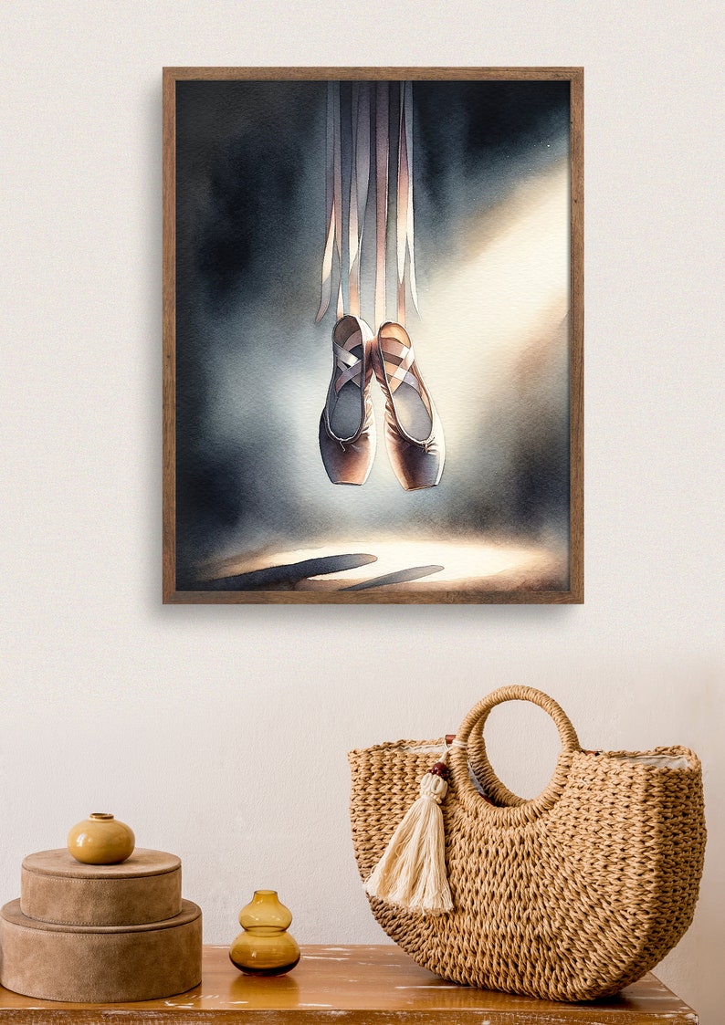 A high quality watercolor print in a wooden frame, showing a pair of Ballet Pointe Dancing Shoes.