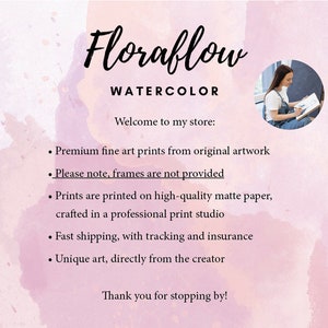 Text; Premium fine art prints from original artwork. Frames are not provided. Prints areprinted on high-quality matte paper, crafted in a professional print studio. Fast shipping, with tracking and insurance. Unique art, directly from the creator.