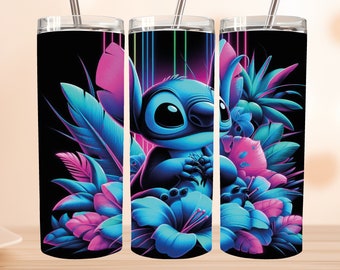 Envoltura de vaso de puntada 3D Png, vaso de puntada colorida con luz de neón, vaso de película de dibujos animados envuelto en vaso de dibujos animados, vaso de puntada de 20 oz, puntada png