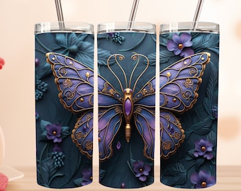 3D Purple Gold Butterfly 20 oz Skinny Tumbler Sublimation Design, Butterfly Tumbler Wrap, 3D Butterfly Tumbler, 20 oz  Flowers Tumbler wrap