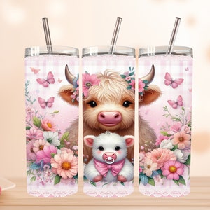 Seamless Highland Cow mother day tumbler, Mother&#39;s Day Tumbler Wrap, Highland Cow 20oz Skinny Tumbler, Floral Tumbler mom png, mom tumbler