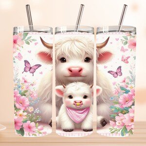 Seamless Mom Highland Cow Tumbler Design, Mother&#39;s Day Tumbler Wrap, Highland Cow 20oz Skinny Tumbler, Floral Tumbler mom png, mom tumbler