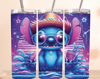 Envoltura de vaso de puntada 3D Png, vaso de puntada colorida con luz de neón, vaso de película de dibujos animados envuelto en vaso de dibujos animados, vaso de puntada de 20 oz, puntada png