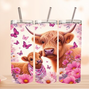 Seamless Highland Cow Tumbler Wrap, 20oz Skinny Sublimation Tumbler Design, Highland Cow Sublimation Design Png, Floral Tumbler Png Download