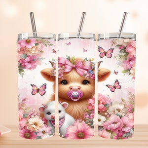 Seamless Mom Highland Cow Tumbler Design, Mother&#39;s Day Tumbler Wrap, Highland Cow 20oz Skinny Tumbler, Floral Tumbler mom png, mom tumbler