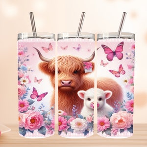 Seamless Highland Cow mother day tumbler, Mother&#39;s Day Tumbler Wrap, Highland Cow 20oz Skinny Tumbler, Floral Tumbler mom png, mom tumbler