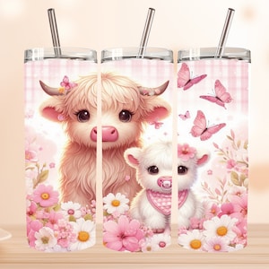 Seamless Mom Highland Cow Tumbler Design, Mother&#39;s Day Tumbler Wrap, Highland Cow 20oz Skinny Tumbler, Floral Tumbler mom png, mom tumbler
