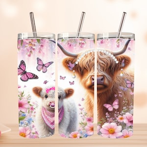 Highland Cow mother day tumbler, Mother&#39;s Day Tumbler Wrap, Highland Cow 20oz Skinny Tumbler, Sublimation Design Png, Flower Tumbler mom png
