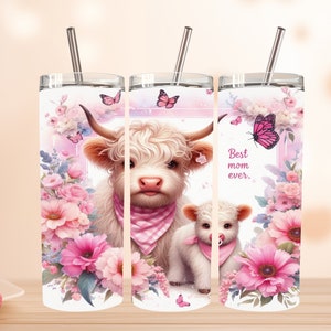 Highland Cow mother day tumbler, Mother&#39;s Day Tumbler Wrap, Highland Cow 20oz Skinny Tumbler, Sublimation Design Png, Flower Tumbler mom png