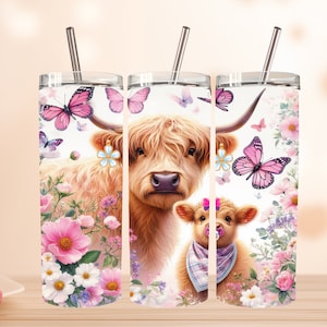 Seamless Highland Cow mother day tumbler, Mother&#39;s Day Tumbler Wrap, Highland Cow 20oz Skinny Tumbler, Floral Tumbler mom png, mom tumbler