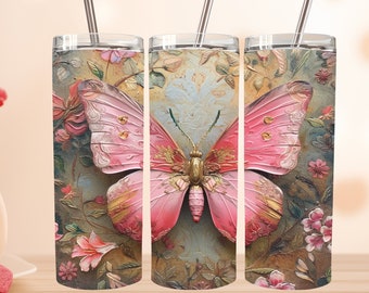 3D Pink Gold Butterfly 20 oz Skinny Tumbler Sublimation Design Butterfly Tumbler Wrap, 3D Butterfly Tumbler,20 oz pink  Flowers Tumbler wrap