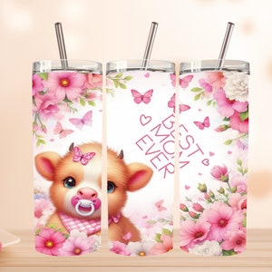 Highland Cow mother day tumbler, Mother&#39;s Day Tumbler Wrap, Highland Cow 20oz Skinny Tumbler, Best Mom Ever Tumbler, Flower Tumbler mom png