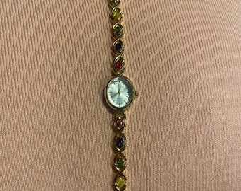 Vintage Gold Damenuhr, kleine Gesicht Uhr, Uhr für Frauen, Geschenk für sie, zierliches Vintage Design, Edelstahl, Edelstein zierliche Uhr