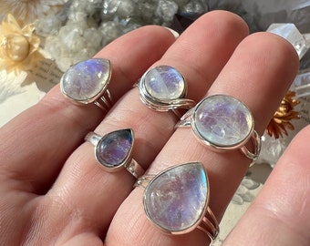 Moonstone Ring, Handmade Moonstone Sterling Silver Ring, Rainbow Moonstone Ring