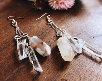 Flower Agate en Clear Quartz Oorbellen, heldere kwarts bungelt, oorbellen voor pluggen, oordopjes, drop oorbellen, kristallen oorbellen, bungelende pluggen