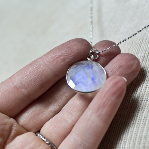 Moonstone Necklace Moonstone Circle Necklace Sterling Silver Pendant Faceted Healing Stone Cancer Stone