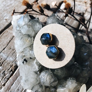 May include: Two gold-toned earrings with blue labradorite gemstones. The earrings are displayed on a small, round, brown card.