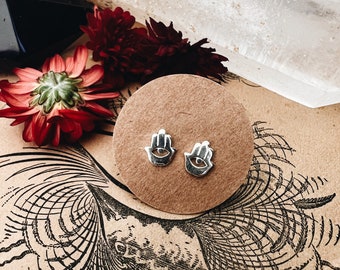Hamsa Hand Stud Earrings in Sterling Silver, Silver or Gold, Evil Eye Earrings, Hand Earrings