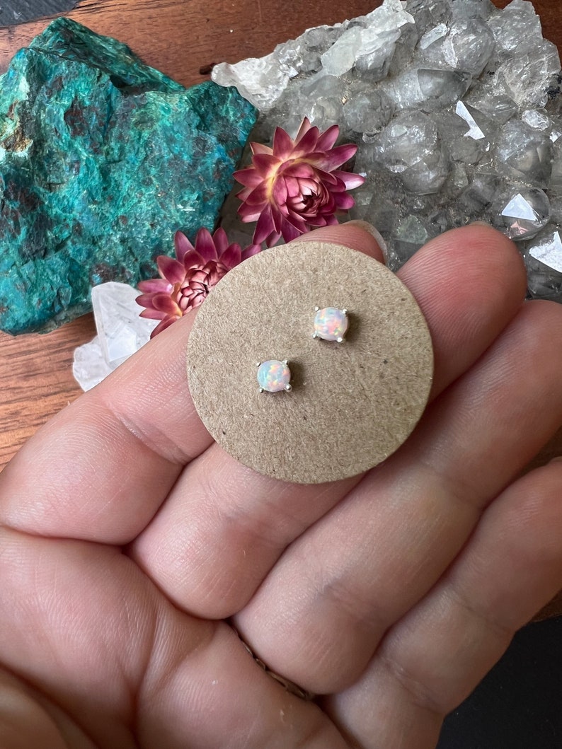 Opal stud earring sterling silver, gold opal earring, white opal, blue opal stud earring, minimalist dainty stud , earrings set image 2