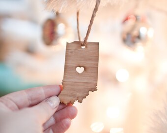 i heart Indiana State Ornament - Bamboo - Indiana Ornament Wooden State Cutout Ornament IN State Pendant With Heart Ornament Car Mirror