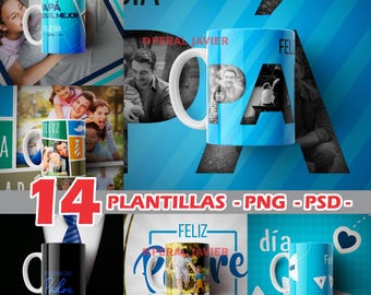 May include: A collection of 14 mug design templates in PNG and PSD formats featuring blue, white, and black color schemes. The designs include photo collages, text reading PAPÁ ERES EL MEJOR, FELIZ DÍA DEL PADRE, and graphic elements like ties and hearts.