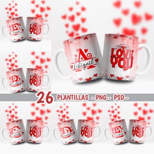 May include: Set of 26 customizable mug templates featuring a red heart design with the text "LOVE YOU" and a personalized initial and name. The mugs are perfect for creating personalized gifts for Valentine's Day or any occasion.