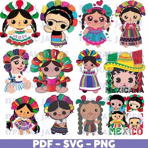 Puede incluir: Conjunto de diez ilustraciones digitales coloridas de muñecas folclóricas mexicanas. Las muñecas visten ropa tradicional y tienen diferentes peinados y expresiones faciales. Las ilustraciones son perfectas para proyectos de manualidades, scrapbooking y diseño digital.