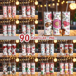 Puede incluir: Una colección de vasos térmicos navideños de acero inoxidable de 590 ml con varios diseños. Los vasos presentan patrones festivos como hombres de jengibre, Papá Noel y dulces navideños. Cada vaso incluye una pajita transparente y una tapa. También se muestra el texto "90 PLANTILLAS - PNG".