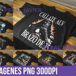 May include: A set of 10 black t-shirts with various graphic designs featuring skulls, flames, and text. The text on the shirts includes "Callate Alv", "Brazo de", and "Otro Dia Mas".