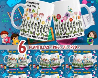 6 Teacher's Day Templates, Teacher Digital Designs for Personalized Teachers Happy Teachers Day Mugs Flowers PNG Ai
