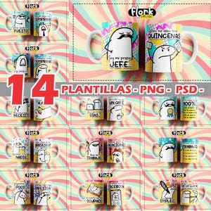 Puede incluir: Colección de 14 tazas de cerámica con diseños de personajes de dibujos animados y texto. Las tazas presentan fondos coloridos y frases humorísticas en español. Las tazas están dispuestas en un patrón de cuadrícula sobre un fondo a rayas.