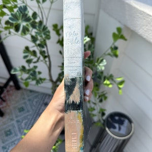 May include: A hardcover Holy Bible with a painted spine. The spine is white with the words "Holy Bible" and "New International Version" in embossed lettering. The bottom of the spine has a colorful abstract design with the letters "NIV".