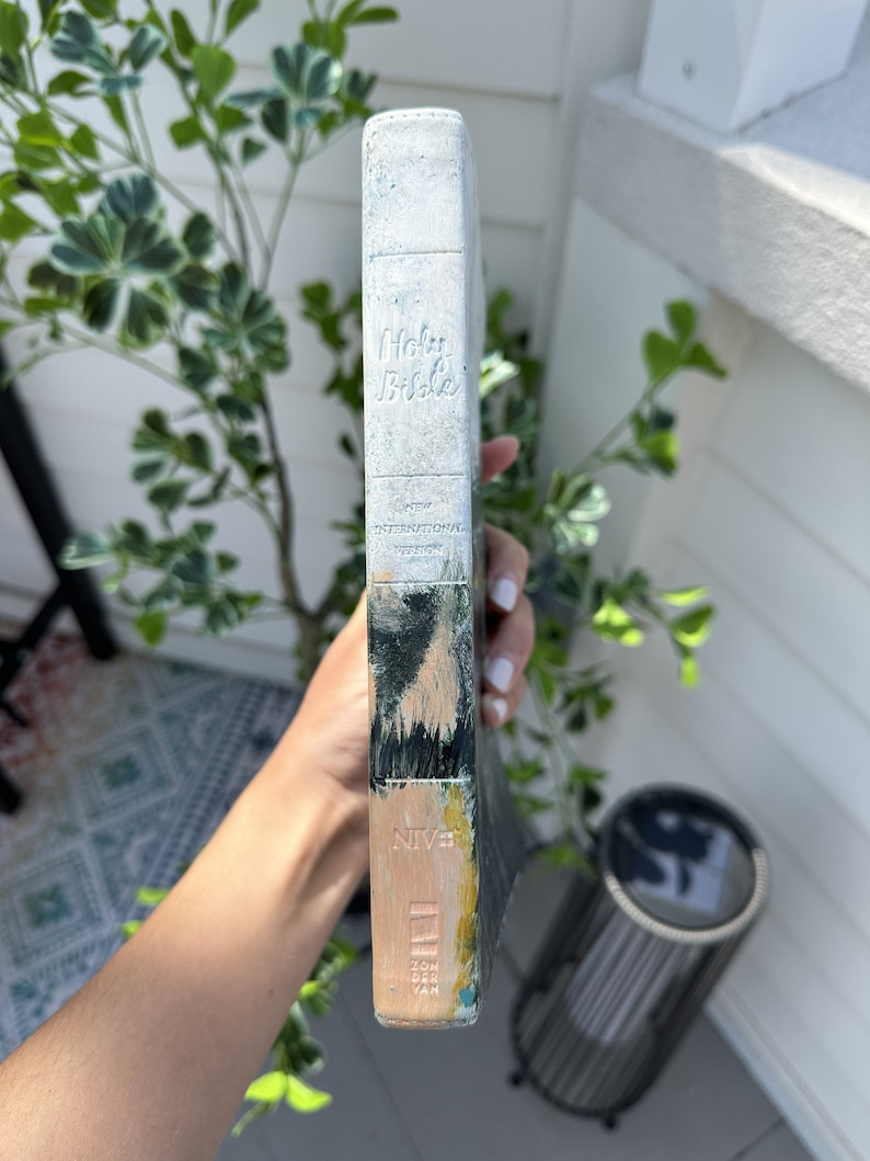 May include: A hardcover Holy Bible with a painted spine. The spine is white with the words "Holy Bible" and "New International Version" in embossed lettering. The bottom of the spine has a colorful abstract design with the letters "NIV".