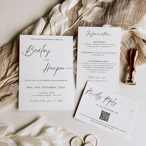 Minimalist Wedding Invitation Template Set, Modern Invite with QR Code RSVP, Printable, Editable Wedding Invites, Modern Details Card bundle