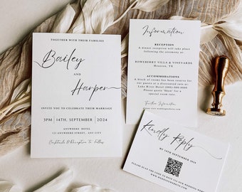 Minimalist Wedding Invitation Template Set, Modern Invite with QR Code RSVP, Printable, Editable Wedding Invites, Modern Details Card bundle