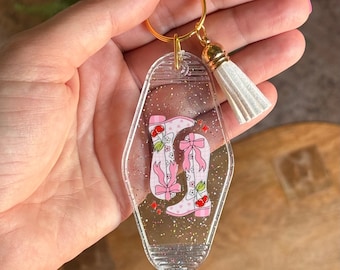 Retro Motel Keychain Cowgirl Keychain Coquette Cowgirl Keychain with Tassel Keychain Pink Cowgirl Boot Keychain Texas Girly Keychain Bows