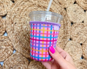 Rainbow Gingham Iced Coffee Sleeve, Coffee Cover, Teacher Gift, Coffee Lover, Drink Cover, Summer