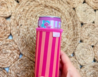 Pink and Orange Stripe Can Sleeve / Fits 12 oz Cans / Energy Drinks and Seltzers / Rainbow Sherbet / Summer Pool Accessory