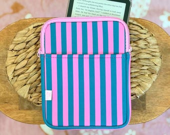 Turquoise and Pink Stripe E-Reader Sleeve: Fits Kindle, Bookish Accessory, Reader Gift
