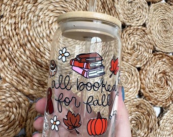 Fall Iced Coffee Glass Cup: "All Booked for Fall" - Autumn Book Lover Gift