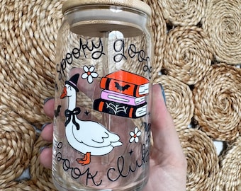 Bookish Goose Halloween  Glass Book Club Cooffee Glass Can, Cute Autumn Drinkware, Pumpkin Spice Aesthetic Tumbler Gift Birthday