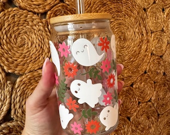 Ghost Glass Cup Cute Halloween Can Glass Halloween Iced Coffee Glass Iced Coffee Cup Cute Ghost Cup Halloween Decor 16oz Glass Can Ghost Cup