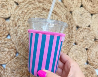 Pink and Turquoise Stripe Iced Coffee Sleeve, Coffee Cover, Teacher Gift, Caffeine Lover