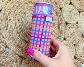 Rainbow Gingham Can Sleeve / Fits 12 oz Cans / Energy Drinks and Seltzers / Teacher Gift / Summer Drink Sleeve