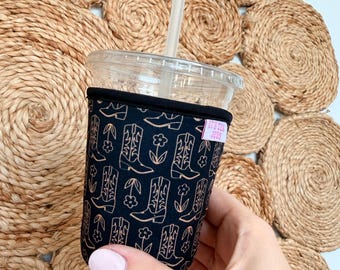 Cowgirl Boots - Black-  Neoprene Iced Coffee Sleeve: Rodeo Era, Western
