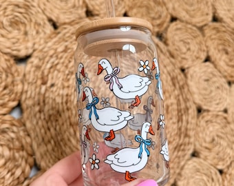 Cottage Core Goose  16 oz Glass Cup - Coquette - Bamboo