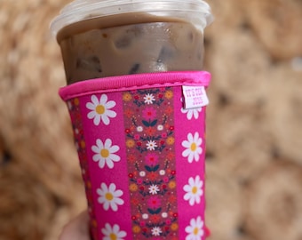 Iced Coffee Sleeve Neoprene Flower Power Back to School Trendy Coffee Sleeve Teacher Gift Iced Coffee Pink Teacher Appreciation