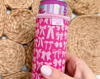 Pink Bow Slim Can Sleeve / Fits 12 oz Cans / Energy Drinks and Seltzers/ Skinny Can
