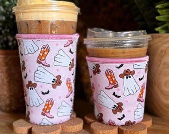Fall Halloween Iced Drink Sleeve, Cowgirl Ghost, Pink Halloween, Spooky Gift, Teacher, Boo Basket